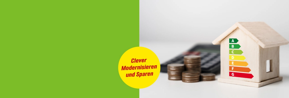 Holzhaus mit Energieeffizienz-Label, daneben Münzstapel und ein Taschenrechner.